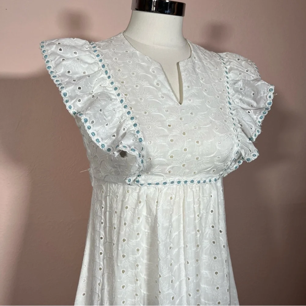 Vintage 60 70 Cottagecore White Eyelet Lace Ruffle Sleeve Praire Maxi Dress - Picture 1 of 17
